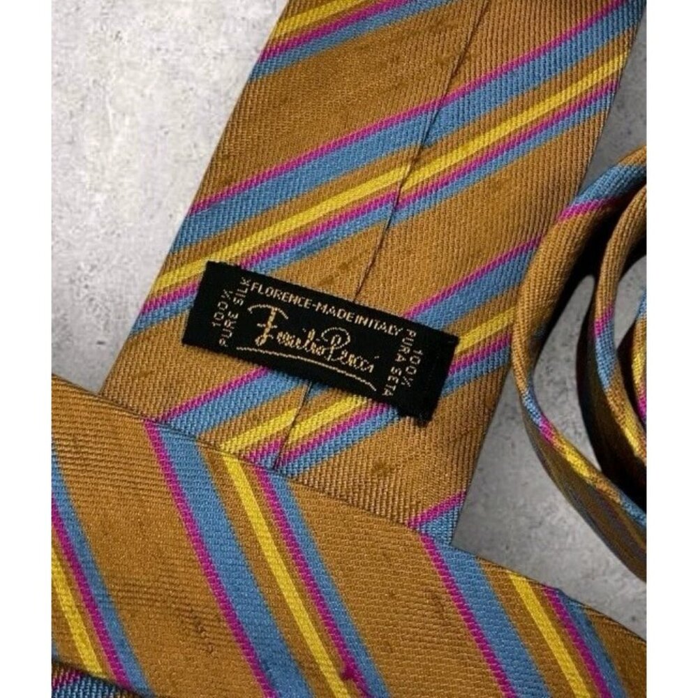 EMILIO PUCCI VINTAGE Shantung Silk Tie ITALY Brown Blue Striped W:3.1" EUC - Picture 2 of 4